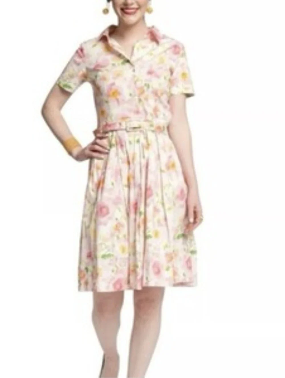Frances Valentine Isabella Belted Floral Shirt Dress Pink Poppy Pockets